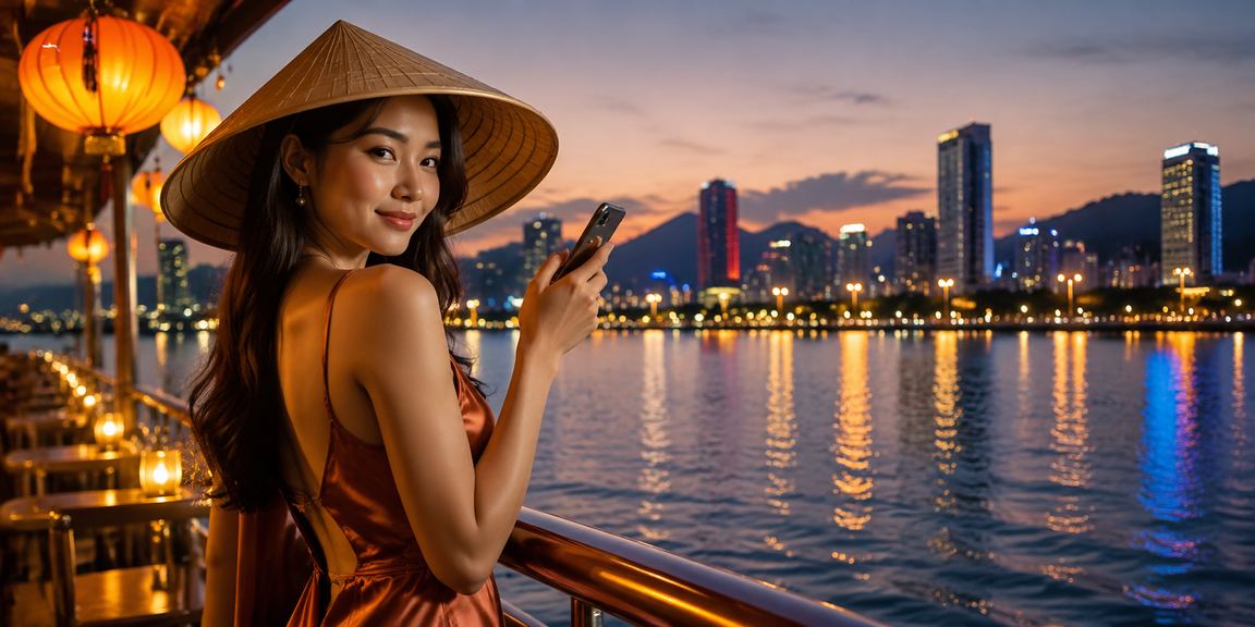 Phụ nữ mặc áo dài đội nón lá chơi casino di động tại bờ biển Đà Nẵng
